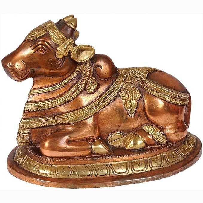Brass Nandi on Shiva mount figurine, detailed face and ornamented saddle