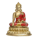 Brass Buddha statue, red robe with gold details, seated meditation pose on ornate base