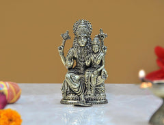 Brass Lakshmi Narasimha statue with raised arms and seated consort, 4 inch