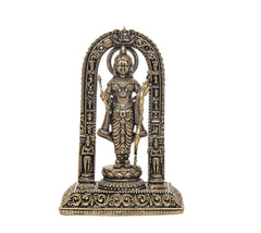 Brass Ram Lalla murti with arched frame, standing figure and ornate pedestal, 4 inch