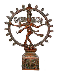 Dancing Natraj Lord Shiva brass idol with ornate circular halo and detailed pedestal base