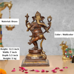 Brass dancing Ganesha murti, height 12.5 in, multicolor finish, detailed hands