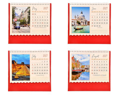 Tabletop calendar showing May–Aug 2027 month grids on red backing