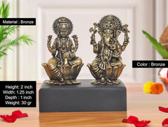 Bronze Lakshmi & Ganesh mini statue set on base; 2 inch height, bronze material.