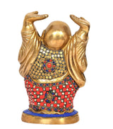Brass laughing Buddha statue showing torso and raised hands, jeweled robe, gold base