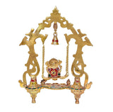 Brass circular swing frame with Ganesh idol, engraved base tray, and dangling bell