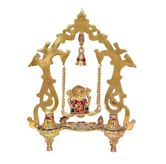 Brass circular swing frame with Ganesh idol, engraved base tray, and dangling bell