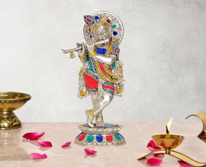 Brass Lord Krishna Idol Figurine Sculpture Playing Flute Statue Multicolor Decorative Showpiece, (Height 13.5 Inch)