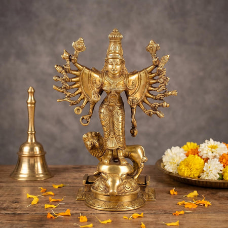 Brass Chamundeshwari Devi Idol for Home Decor Golden Color (Height:9.5 Inches)