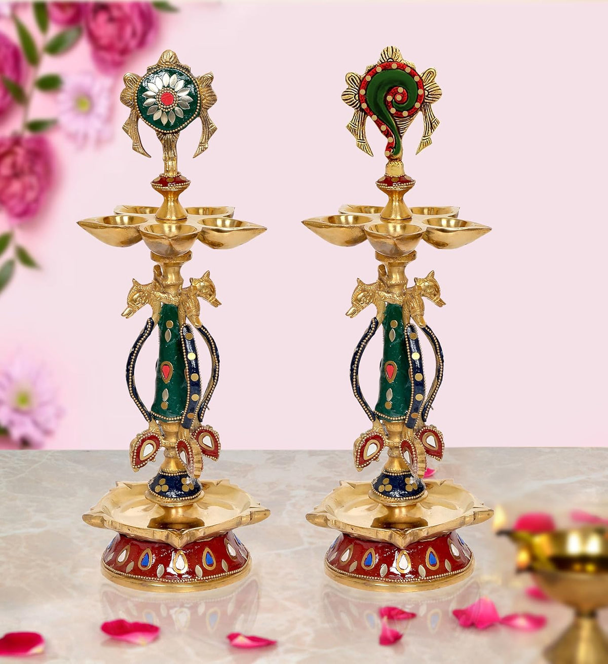 Brass shankh chakra oil diya set of 2, green and red enamel idol lamps with 5 cups each