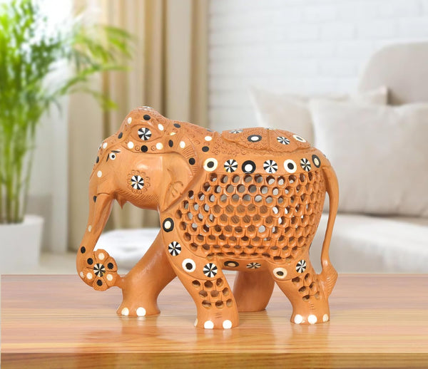 Wooden Undercut Netted Design Elephant Showpiece Decorative Statue for Home Decor, Feng Shui, and Gifting & Good Luck Vastu (Height:6 Inches)