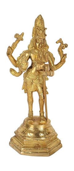 Shiv Parvati brass statue, front view with multiple arms, trident, and crown