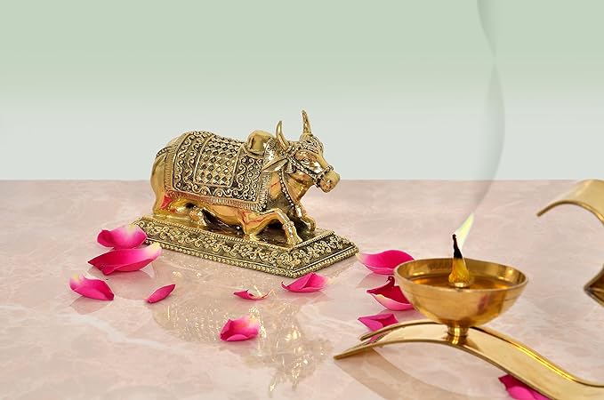 Brass Nandi cow statue idol on decorated base, small 2.5 inch height