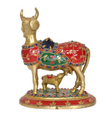 Brass cow with calf figurine, close side angle; red, blue, green bead-like painted motifs