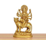 Brass Durga Maa idol on tiger base, front view with detailed crown and flowing drape