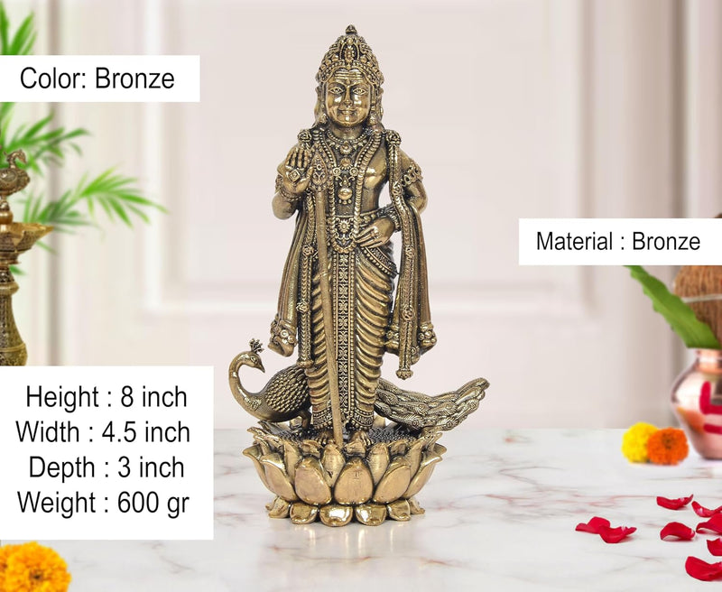 Bronze Standing Lord Kartikeya with Peacock Murugan Murti (Height 8 Inch)