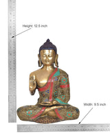 Brass meditating Buddha statue, height 12.5 in, colorful inlay on robe and hands