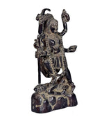 Brass Maa Kali statue idol, seated stance with raised arms and ornate jewelry