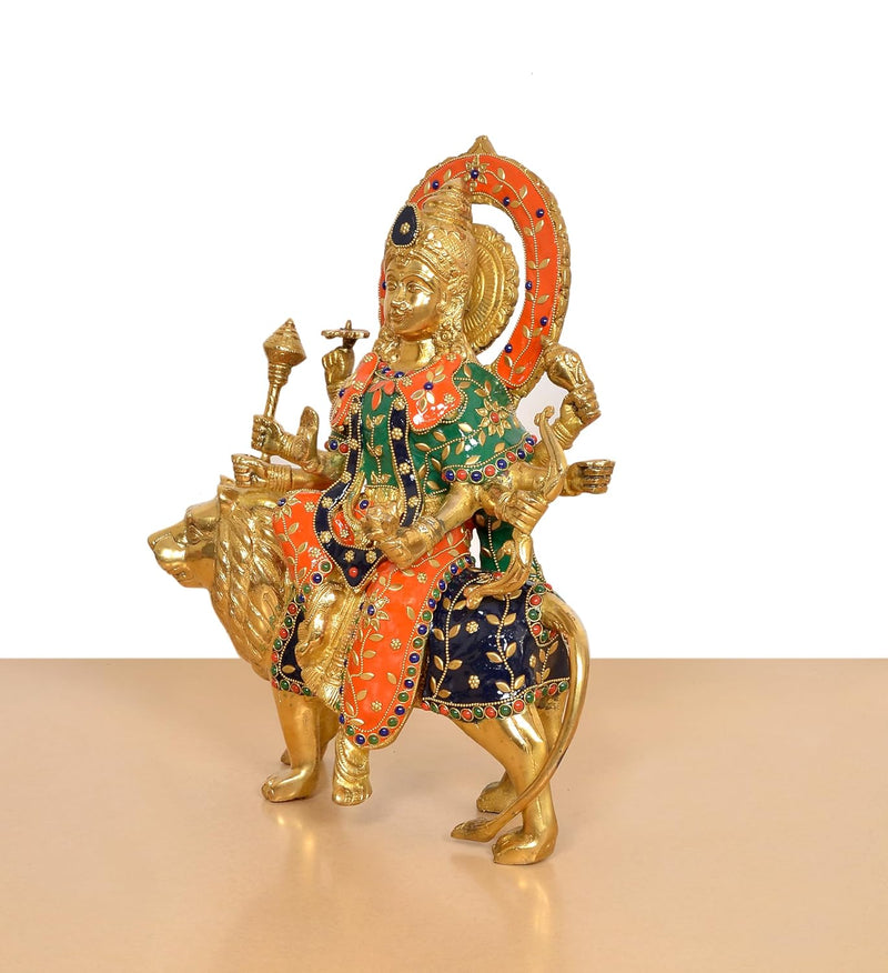 Brass Durga Maa with Lion Statue (Height: 14 Inch)