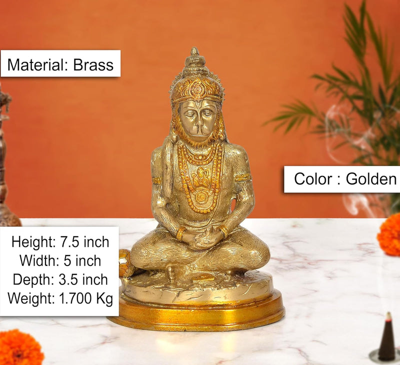 Brass Hanuman Hand Carved Meditating Idol (Height: 7.5 Inch)