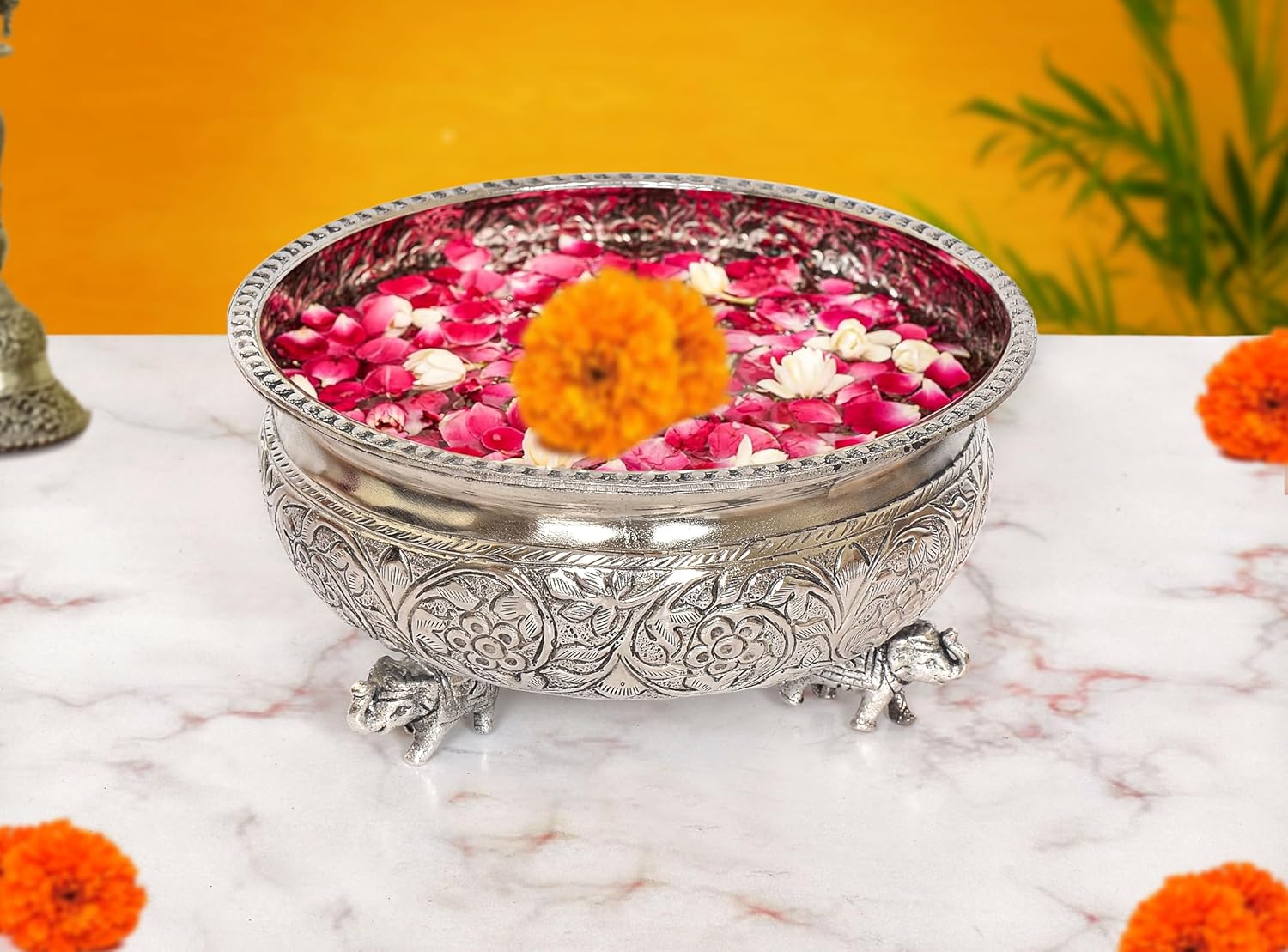 AONA Brass Elephant with Urli Bowl