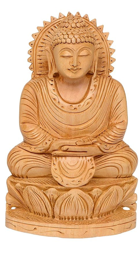 Wooden Buddha Statue Handmade Carved Craft (Height: 6 Inches)