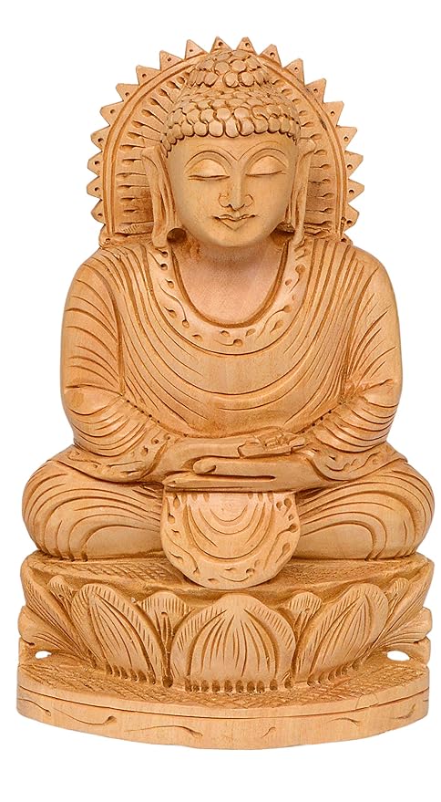 Hand-carved wooden seated Buddha statue, serene face, meditation pose