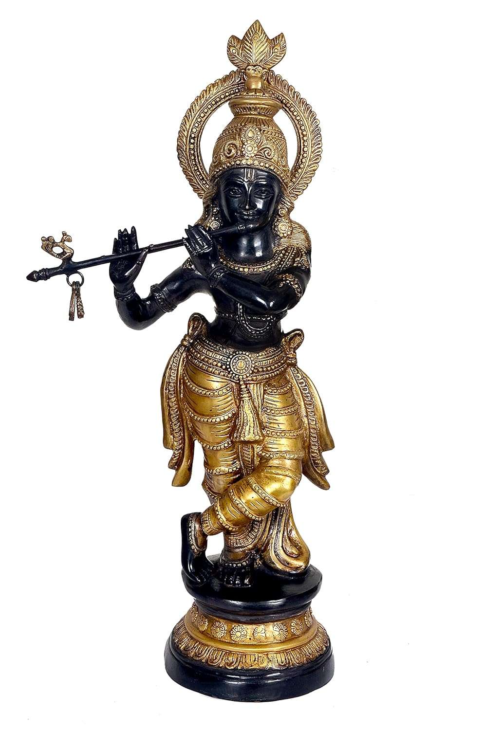 Krishna bronce dorado con manos cruzadas, corona y tridente; figura azul oscuro