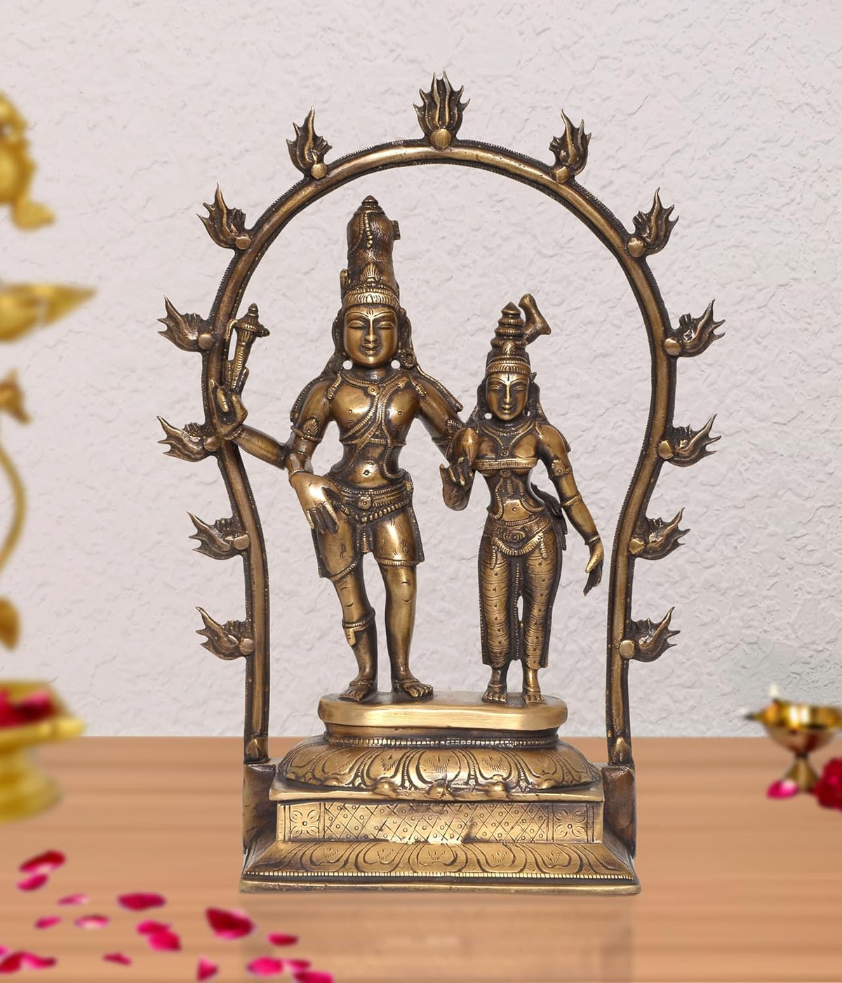 Brass Lord Shiva and Parvati standing mandir pooja showpiece with arched halo frame