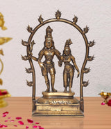Brass Lord Shiva and Parvati standing mandir pooja showpiece with arched halo frame