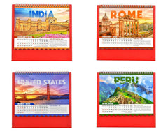 Desk calendar mini pages showing India, Rome, United States, and Peru for 2026