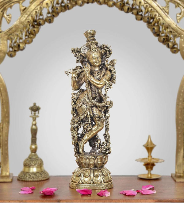 Superfine Brass Lord Krishna Idol Playing Flute (Height 10 Inch)