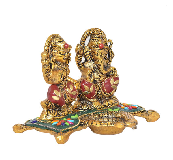 White Metal Laxmi Ganesh Diya  (Height 4 Inch) Study Setting