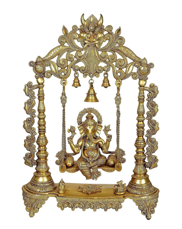 Brass Ganesha Swing Statue Idol with Bells for Home Decor | Height : 27 Inches | Weight : 17 KG (Golden)