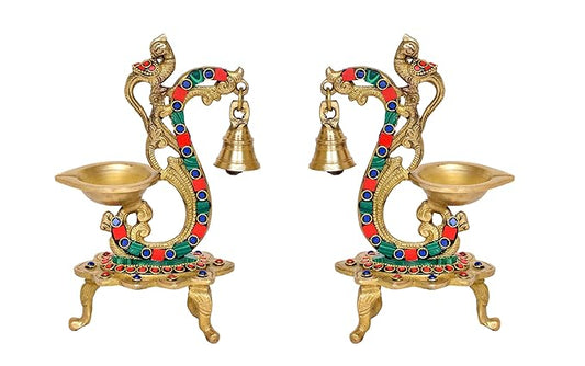 Brass Pair of Bird Peacock Oil Lamp Stand | Bell Diya | (Pack of 2) (Height :8 inch )