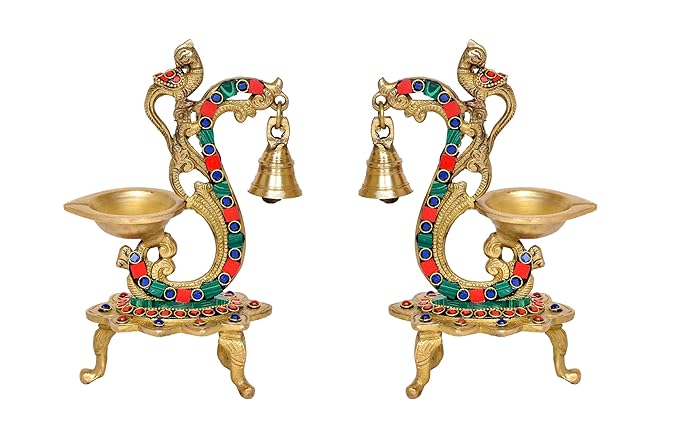 Brass Pair of Bird Peacock Oil Lamp Stand | Bell Diya | (Pack of 2) (Height :8 inch )