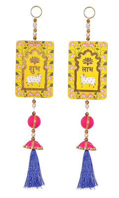 Set of 2 door hangings: yellow Shubh Labh cards, blue tassels, pink bead accents