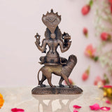 Pratyangira Devi copper statue on bull, seated front pose with tridents and ornaments