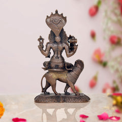 Pratyangira Devi copper statue on bull, seated front pose with tridents and ornaments