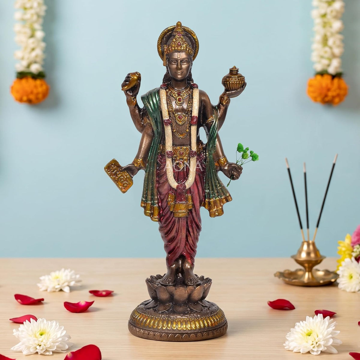 Resin Dhanvantari Statue | Lord Dhanvantari Idol for Pooja Room & Home Temple (Height: 8 Inches)