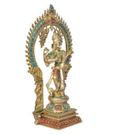Brass dancing Shiva idol on layered base, teal halo and painted multicolor trims