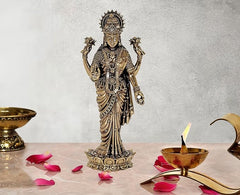 Brass Lakshmi Laxmi standing idol with detailed jewelry, 7-inch home temple decor