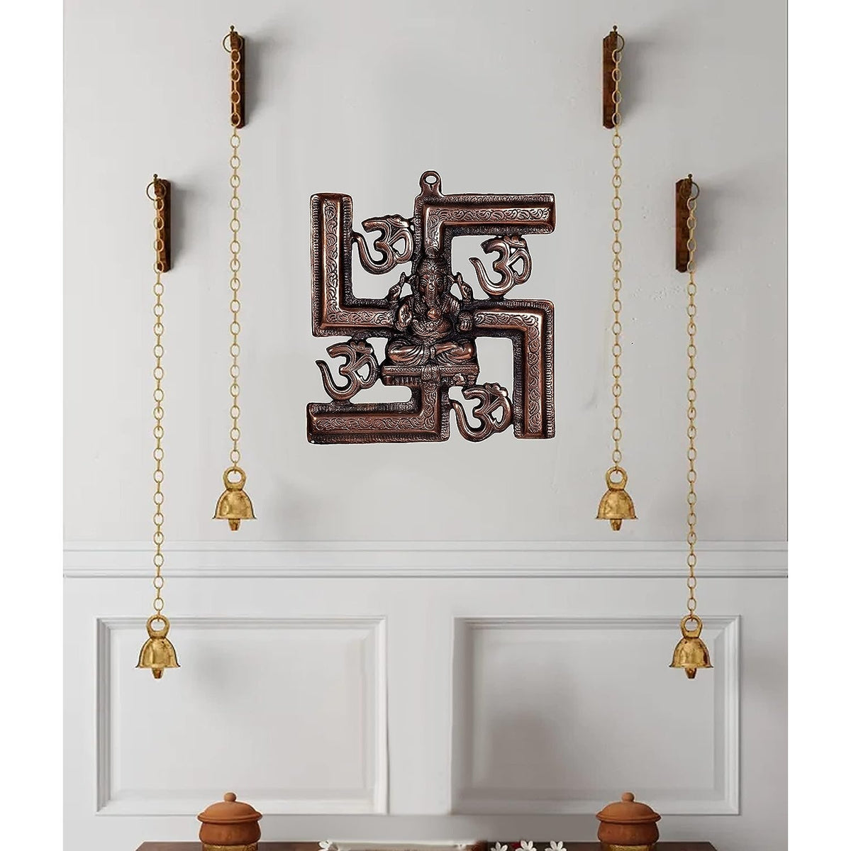 Metal Ganesha wall hanging with swastik, chain & bells, 11x11 in