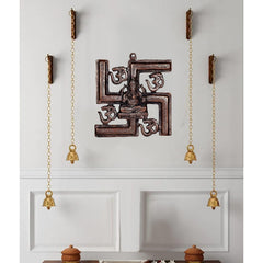 Metal Ganesha wall hanging with swastik, chain & bells, 11x11 in