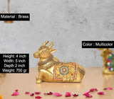 Brass Nandi idol, multicolor Meenakari accents, 4-inch height decorative decor
