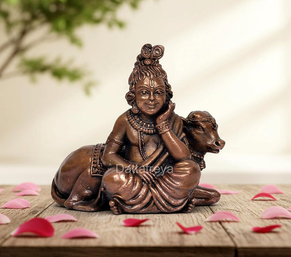 Copper Lord Bal Gopal with Cow Idol (Height:3 Inch)