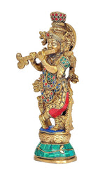 Brass Radha Krishna statue, multicolor gem outfit with red-blue accents, flute in hand