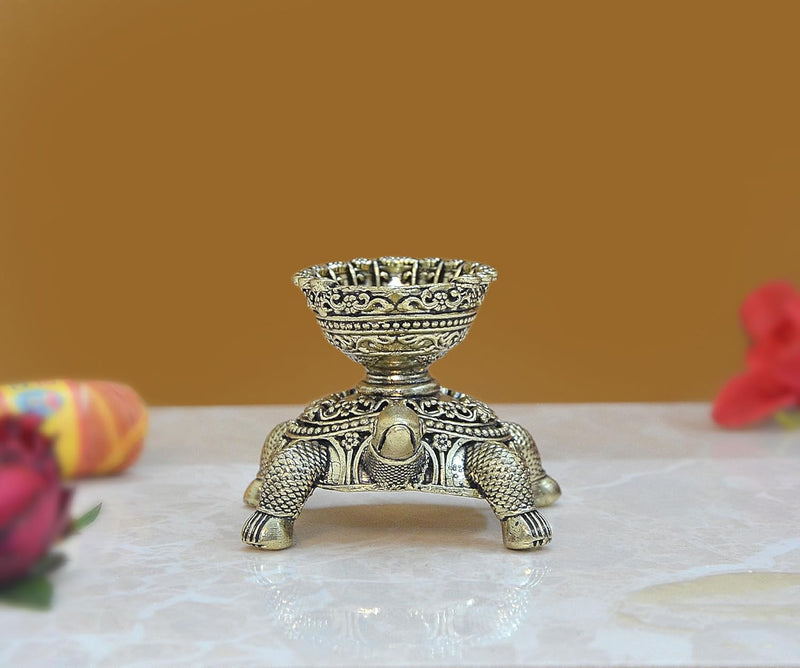 Bronze Tortoise with Oil Lamp Diya Statue Pooja Mandir Home Decor Decorative & Gift Item (Height: 2.5 Inch)