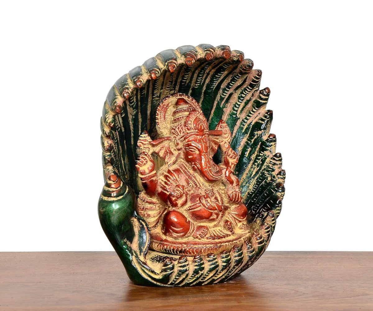 Shell Showpieces Brass Lord Ganesha in Green Shankh Shell Showpiece (Height 5.5 Inch ...