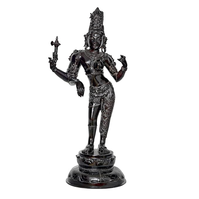 Ardhanarishvara statue with trident and sword, dark metal finish, 27 inch